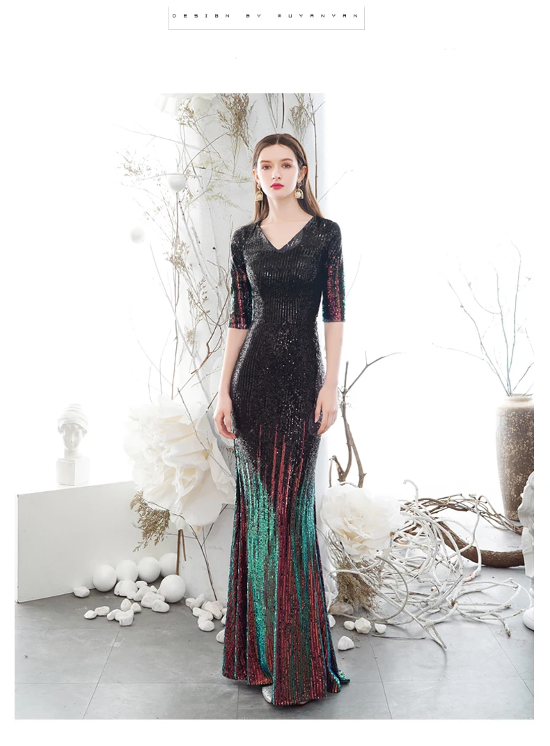AE702 Robe De Soiree, вечерние платья, новые сексуальные платья с v-образным вырезом и рукавом средней длины, Длинные вечерние платья с блестками