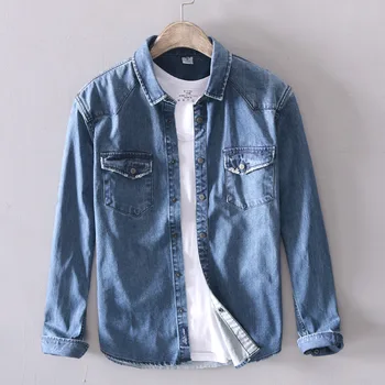 

Men Spring Autumn Turn Down Collar Vintage Hongkong Style Cotton Nylon Navy Shirt Multiple Pockets Male Casual Outer Clothing
