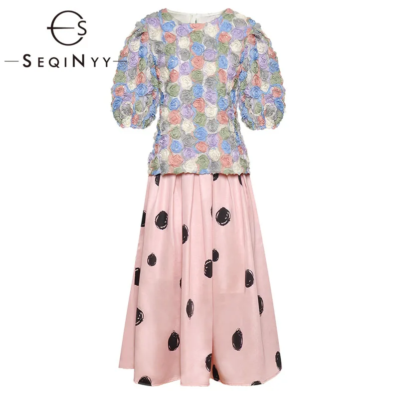 

SEQINYY Sweet Set 2020 Summer Spring New Fashion Design Flowers Applique Short Puff Sleeve Top + Dot Print Pink Skirt Women Suit