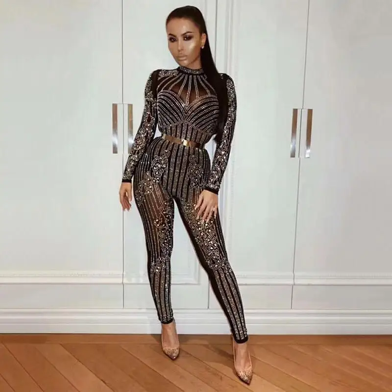 

Black Sexy Mesh Luxury Diamond Fashion Jumpsuits Women Bodycon Long Sleeve Party Jumpsuit