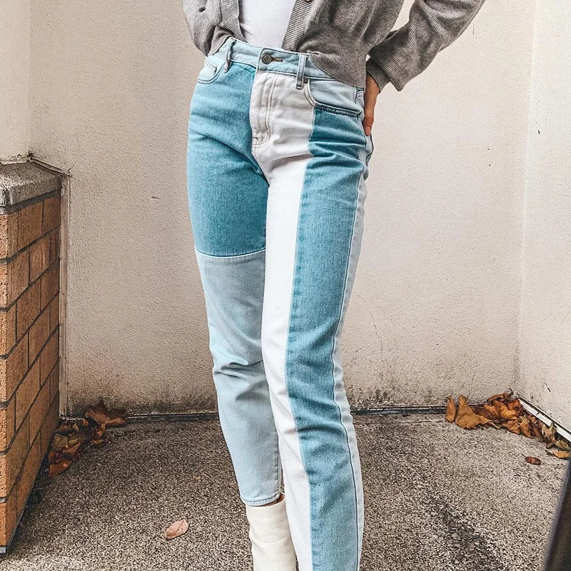 

Spring 2021 Women High Waist Trousers Vintage Fashion White Blue Patchwork Jeans Lady Casual Loose Straight Jeans