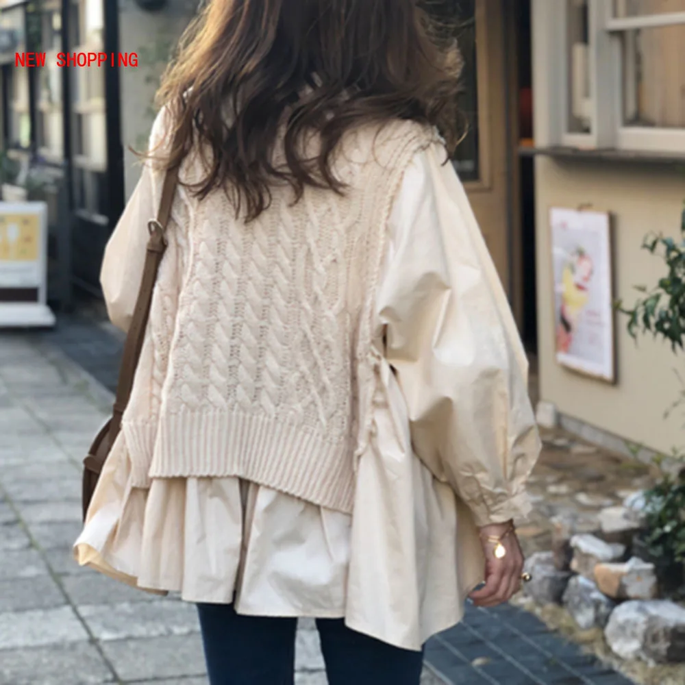 

Autumn Knit Vest Stitching Shirt Fake Two-piece Cute Kawaii Korean Women New Loose Casual Pullover Sweater O Neck Fashion Tops