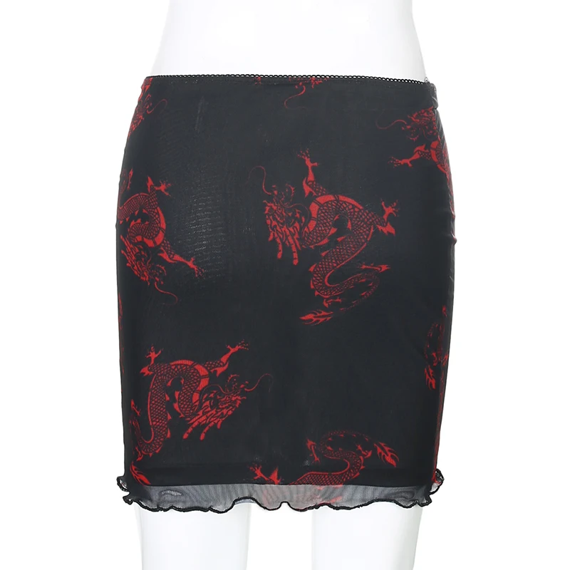 Darlingaga Chinese Style Dragon Print Summer Two Piece Set Women Mesh Sexy Matching Sets Strap Crop Top and Mini Skirt Suit 2020
