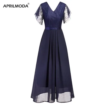 

Chiffon Lace Dress Women Elegant Slim Bow Lace Bridesmaid Long Party Dress Sexy V Neck Floor Length Dresses Vestidos Robe Femme