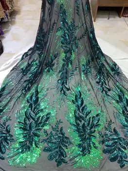 

Nigerian Lace Fabrics 5yard 3D Sequins lace fabric net lace fabric 2019 Sequins, green lace fabric for haute couture dress F2197