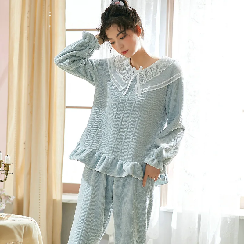 Кружевные ночные женские костюмы принцессы винтажный домашний костюм жаккардовый бархатный пижамный комплект с оборками женская синяя Ночная одежда домашний комплект для отдыха