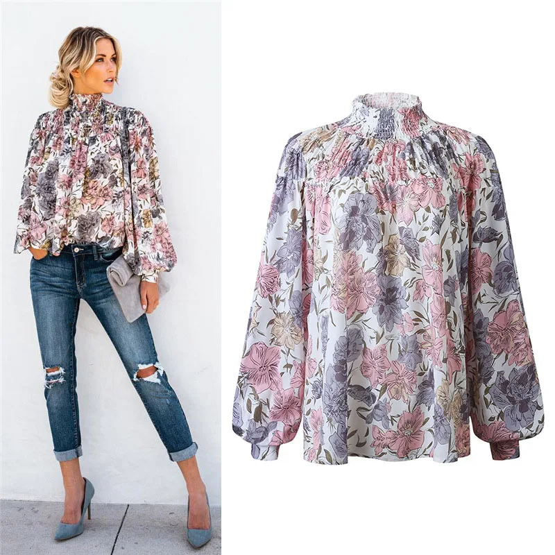 Flower B Модный с цветком с пышными рукавами блузки для женщин Boho шифоновая блузка офисные женские шорты с цветочным принтом Женская туника блуза-рубашка - Цвет: Flower B