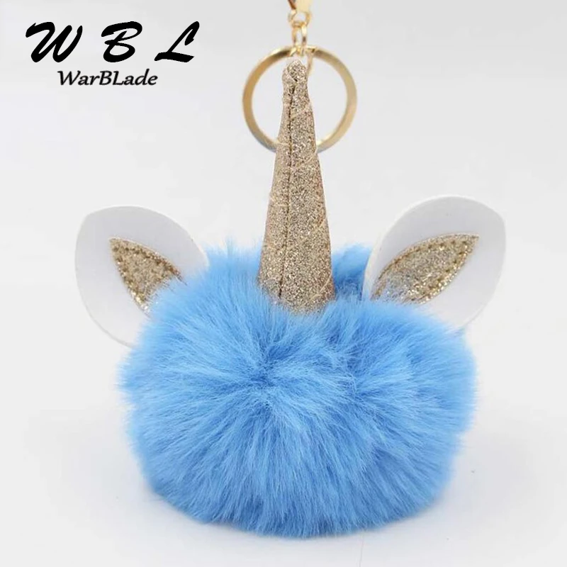 

WarBLade Cute Fluffy Unicorn Key pompon Chain Artificial Rabbit Fur Pompom Ball Keychain Porte Clef Women Charms Bag Car Keyring
