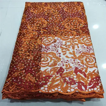 

2020 African sequins Lace Fabric Embroidered Nigerian Laces Fabric Orange High Quality Gold French Tulle Lace Fabric For Women