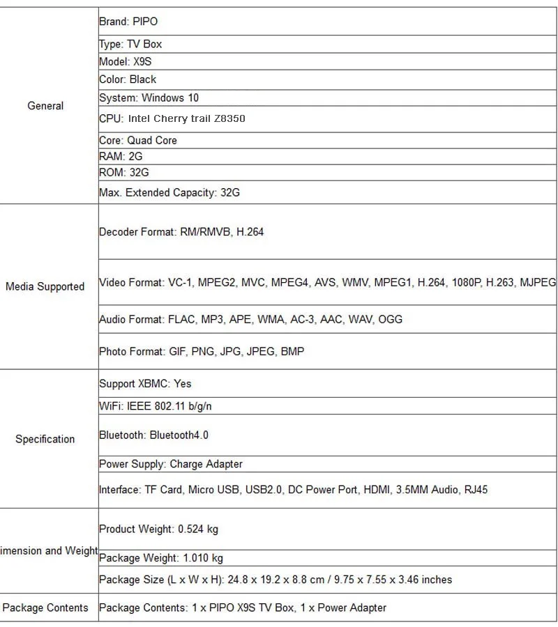 pipo X9S Мини ПК ТВ приставка Intel Cherry Trail Z8350 2 Гб ПЗУ 32 Гб четырехъядерный HD Win 10 OS Смарт ТВ приставка