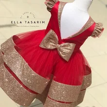 Красное платье с юбкой на день рождения для девочек; Золотое кружевное платье с цветами для девочек; красное платье с золотыми блестками; красное праздничное платье; платья с золотой аппликацией