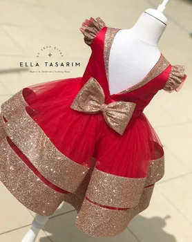 

Red Girls Birthday Dress Golden Lace Flowers Girls Red Golden Sequin Dress Red Celebration Dress Gowns Golden Applique Handmade