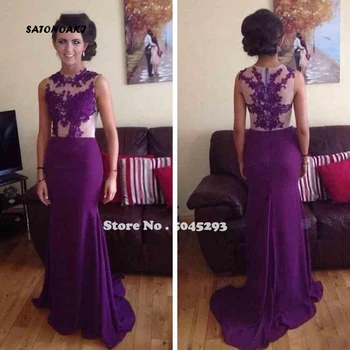 

SATONOAKI 2020 Vestido De Festa Lace Appliques Purple Satin Mermaid Formal Evening Prom Mother of The Bride Dresses Custom Made