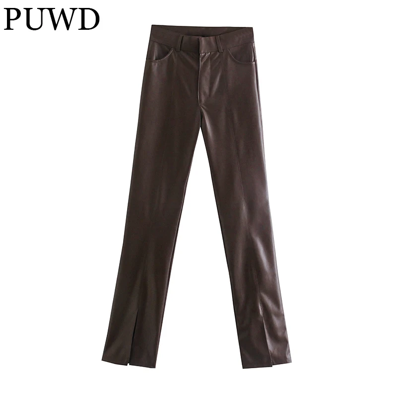 

PUWD Retro Women Faux Leather Pants 2021 Autumn Winter Casual High Street Solid Trousers Slit Trend Zipper Slim Female Bottoms