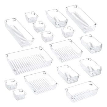 

Fashion16Pcs 5 Size Plastic Desk Drawer Organizer Set Drawer Tray Dividers Storage Bins Vanity Trays Organizers Container