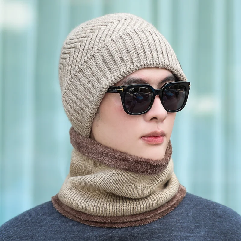 Winter Hat Set Scarf Glove 3 Pieces For Men And Women Outdoor Knitted Hat Warm Thicken Skullies Beanie Scarf Set