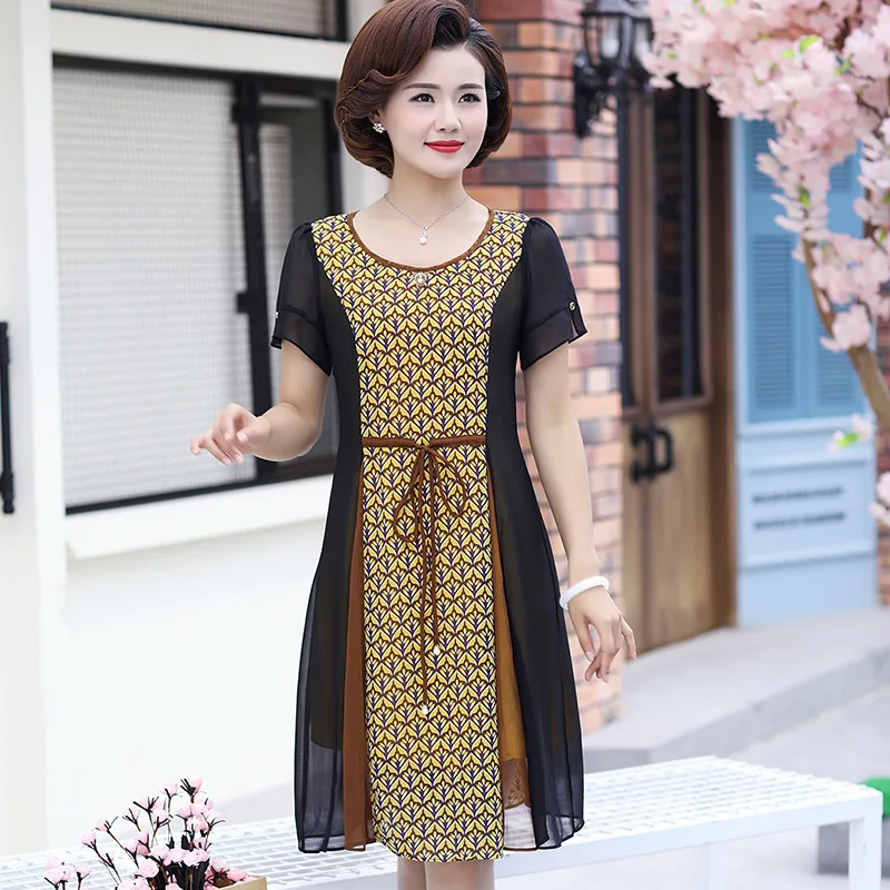 

2019 Spring Summer New Style Middle-aged WOMEN'S Apparels Summer Wear Dress Fashion Generous 40 50-Year-Old Mom Decorative Patte