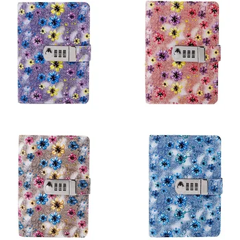 

A6 Diary Book with Lock PU Leather Flower Notebook Computer Learning Supplies Lockable Password Writing