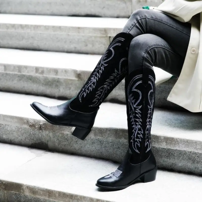 FITWEE New Women Knee High Boots Patchwork Vintage Shoes Woman Fashion Thick Heel Female Warm Winter Mujer Zapatos Size 33-46