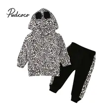 Pudcoco/От 0 до 3 лет; Модные леопардовые для малышей и девочек; одежда с принтом; толстовка с капюшоном и оборками+ брюки; сезон осень-зима; спортивный костюм