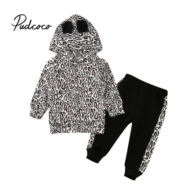 pudcoco 0-3Y Fashion Toddler Baby Girl Leopard Print Clothes Ruffles Hooded Sweatshirts + Pants Autumn Winter Tracksuit Outfit | Детская
