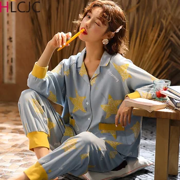 

Autumn Cotton Pajamas for women Stars Print Loose Large Size Sweet Home Clothes Long Sleeve Pyjama Femme Sleepwear 2020 New
