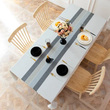 

Tassel Cotton and Linen Tablecloth Dustproof Stripe Table Top Cover Party Supplies for Festival Party Home (Gray)