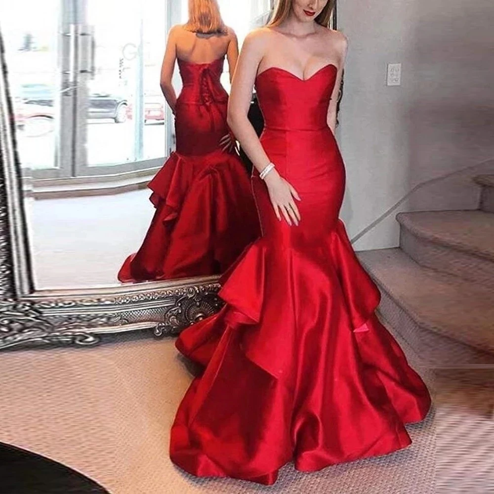 Red Mermaid Evening Dresses Strapless Backless Ruffles Satin Party Prom  Gowns