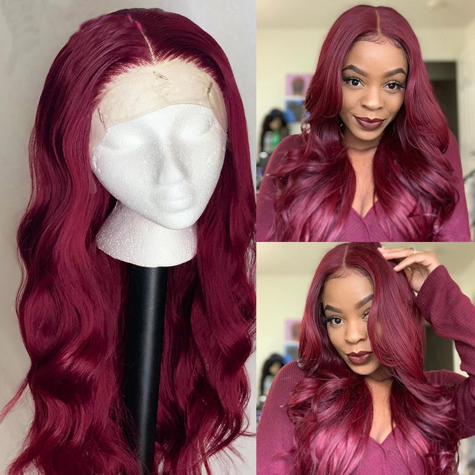 

Body Wave 99J Synthetic Lace Front Wig Heat Resistant Fiber Burgundy Color High temperature Wigs with Baby Hair