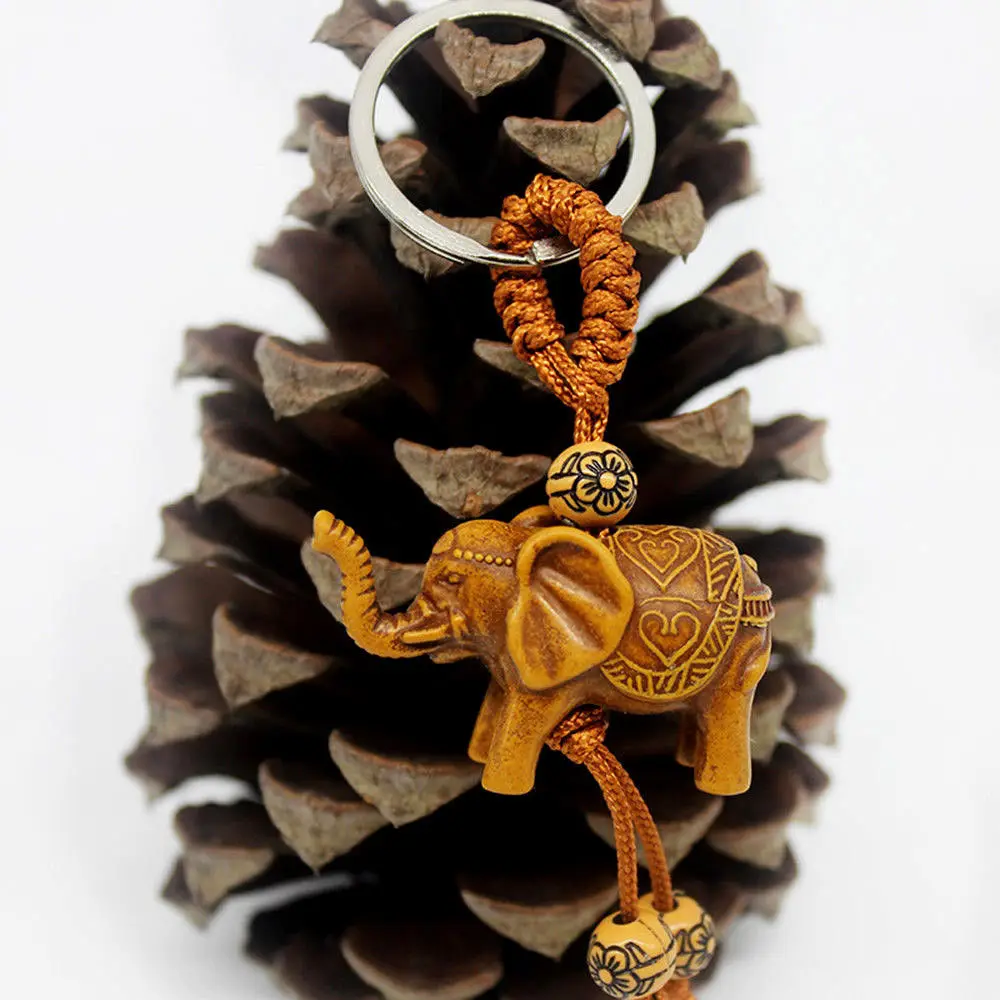 Key Chains 1 PCS Elephant Keychain Peach Wood Carving Pom Pom Cute Keychain Stainless Steel