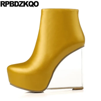 

ankle big size exotic dancer side zip boots transparent high quality women yellow wedge shoes heel clear trend booties stripper