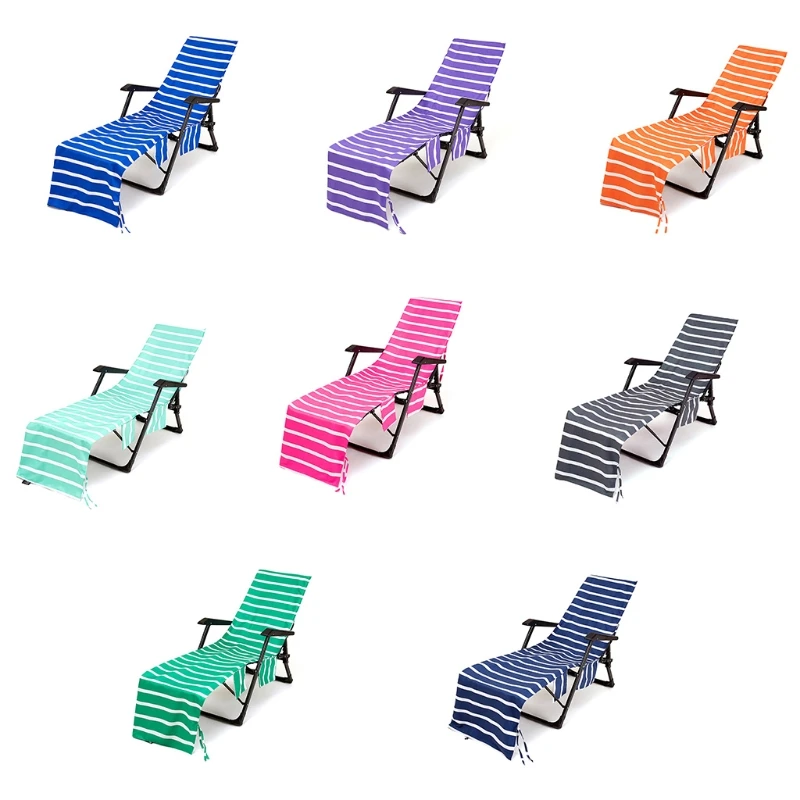 Striped Printed Chaise Lounge Chair Cover Beach Bath Towel with Side Pockets for Outdoor Patio Lawn Sun Lounger Holiday
