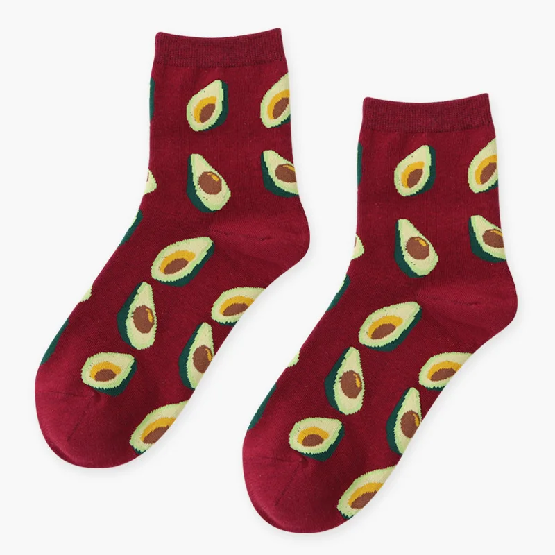 Summer Korean Happy Fruits Socks Lemon Avocado Pineapple Cherry Blueberry Orange Gardenias Banana Leaves Printed Unisex sox - Цвет: Red Avocado