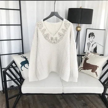 

New style hand nail bead with diamond V-neck loose slacker Pullover women's wide truffle shoulder knitting bottomer