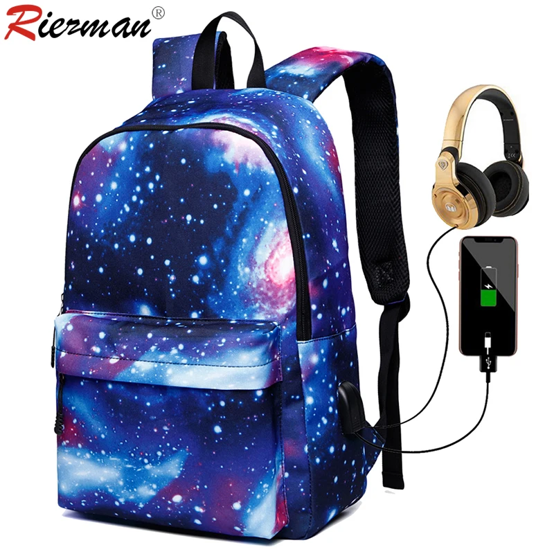 

RIEZMAN USB Charging School Bag Multicolor Backpack Space Printing Backpacks for Teenager Men Women Starry Sky Backpack mochila