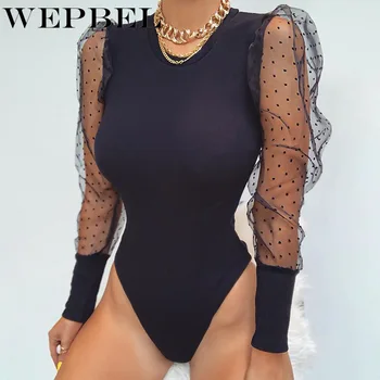 

WEPBEL Lace Puff Sleeve Bodysuits Women's Bodysuit Autumn Polka Dot Vintage Bodycon Tops Skinny Mesh Jumpsuit