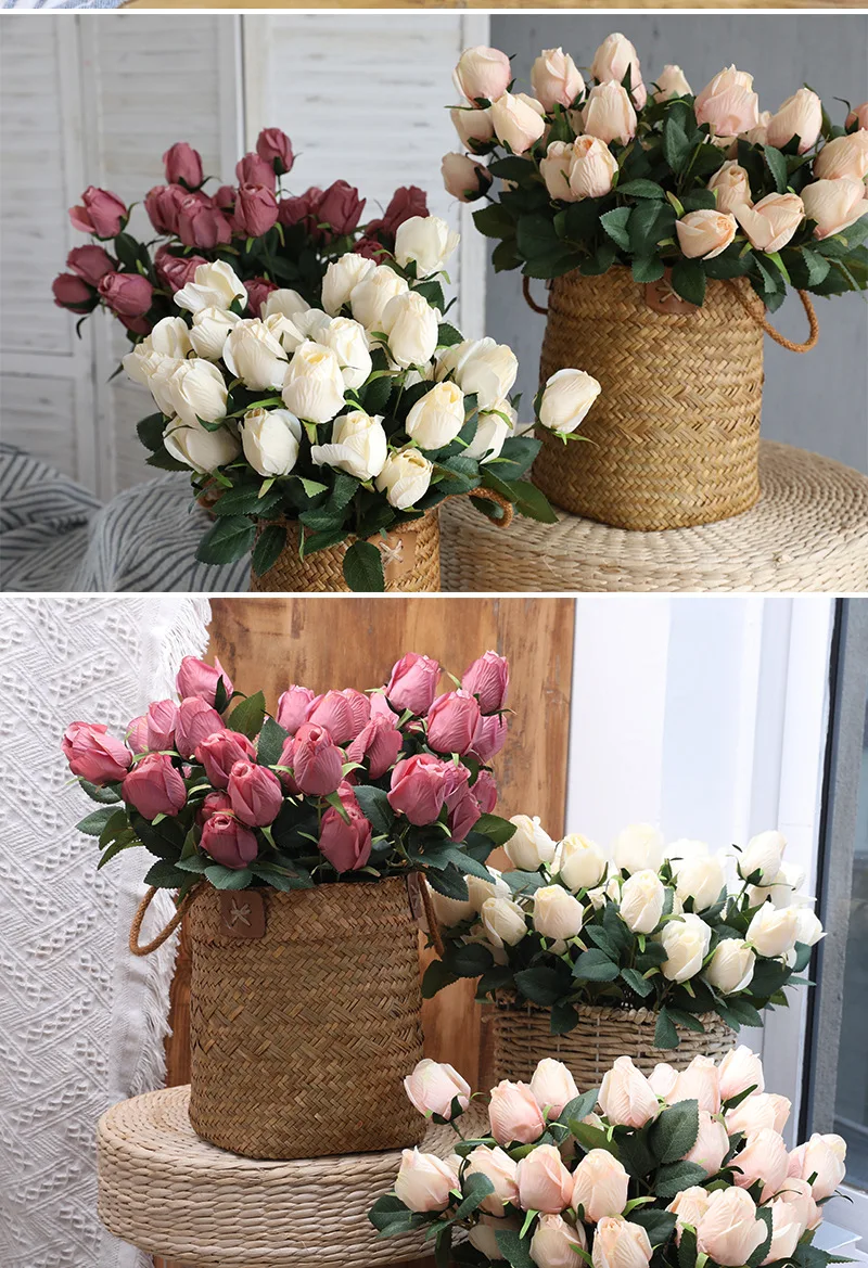 JAROWN Artificial Flower 9 Head Rose Bouquet Continental Retro Fake Flower Wedding Home Decoration Bouquet Rose Bud Flores (15)