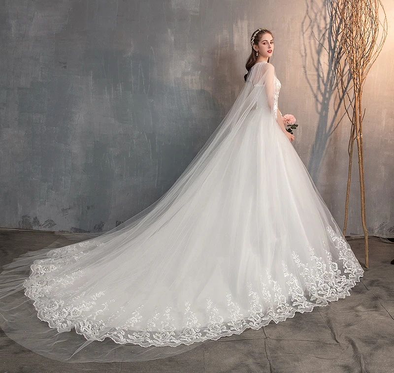 2019 Chinese Wedding Dress With Long Cap Lace Wedding Gown With Long Train Embroidery Princess Plus Szie Bridal Dress