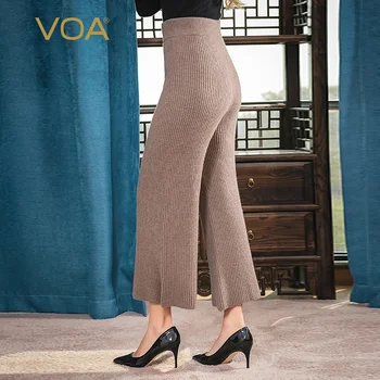 

VOA pure cashmere camel color tightness waist woolen vertical thread ingot needle winter thick warm horn trousers RHK01