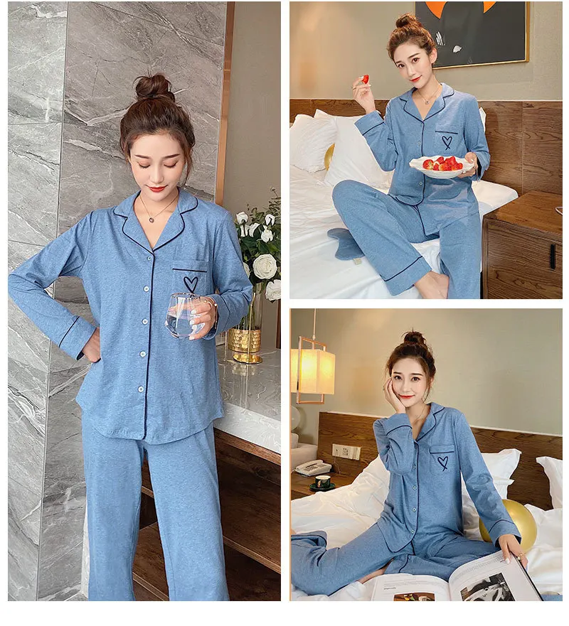 Color Cotton Long Sleeve Womens Pajama Suit Women Clothes Autumn Solid Full Length Pajamas Loungewear Two Piece Sleepwear