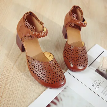 

Genuine leather casual women's shoes national style hollow fish mouth women's sandals middle heel bottom mother dancing