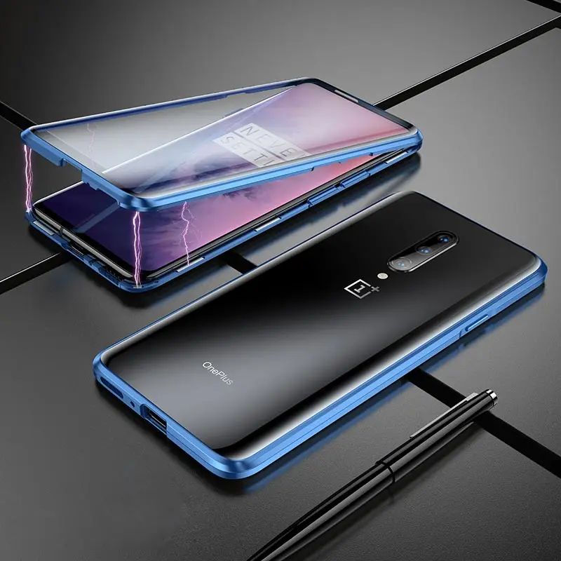 Suntaiho, металлический магнитный адсорбционный чехол для Oneplus 7, двухсторонний, закаленное стекло, Магнитный чехол, чехол для Oneplus 7 7pro 6 6t - Цвет: Blue