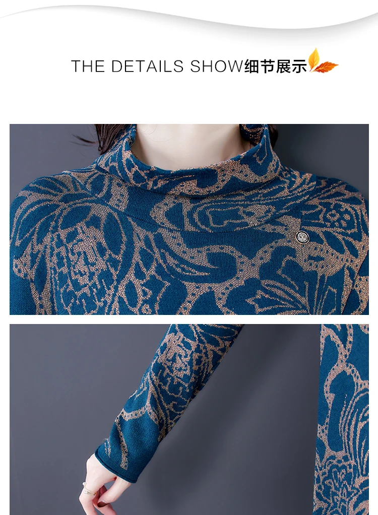 Blue Print 3XL Plus Size Turtleneck Wool Sweater Dress 2020 Autumn Winter Vintage Casual Knitted Sweaters Elegant Women Vestido