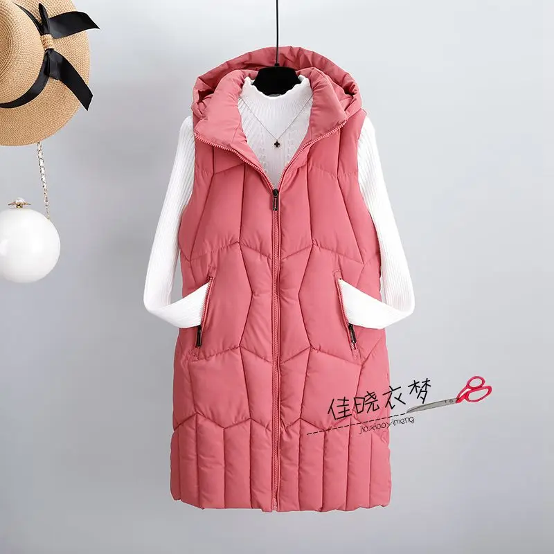 Толстый теплый длинный женский жилет корейский Зимний пуховик женский Повседневный с капюшоном на молнии без рукавов куртка длинные жилеты парки - Цвет: Розовый