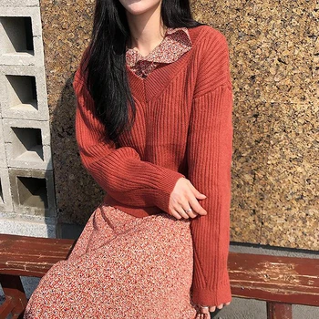 

woman sweaters fashion Loose V-Neck short sweater and pullovers women vintage solid back Lace-up knitted top 2020 Autumn new