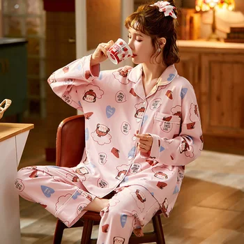 

Winter 100% Cotton Pajama for Women 2020 Korean Autumn Full Sleeves Pijamas Women Pure Cotton Sleepwear 2PCS Pink Pyjama Femme