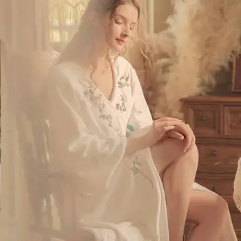 

Autumn New Fashion Nightgown Long-sleeve V-neck Cardigan Lace Nightwear Embroidered Plus Velvet Cotton Loose Homewear Sleepwear