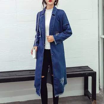 

2020 Women's Mid-length Denim Jacket Lapel Lace Up Frayed Plus Size Loose Fashion