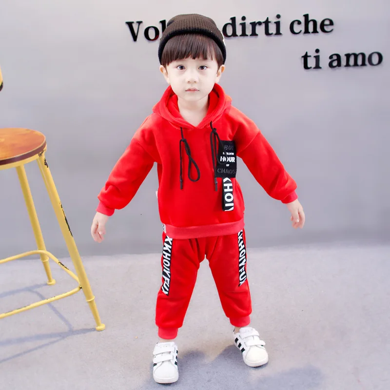 

2018 Casual Korean-style Lettered Double-sided Plush Autumn And Winter Two-Piece Set Male Baby Set Childrenswear Hoodie Suit