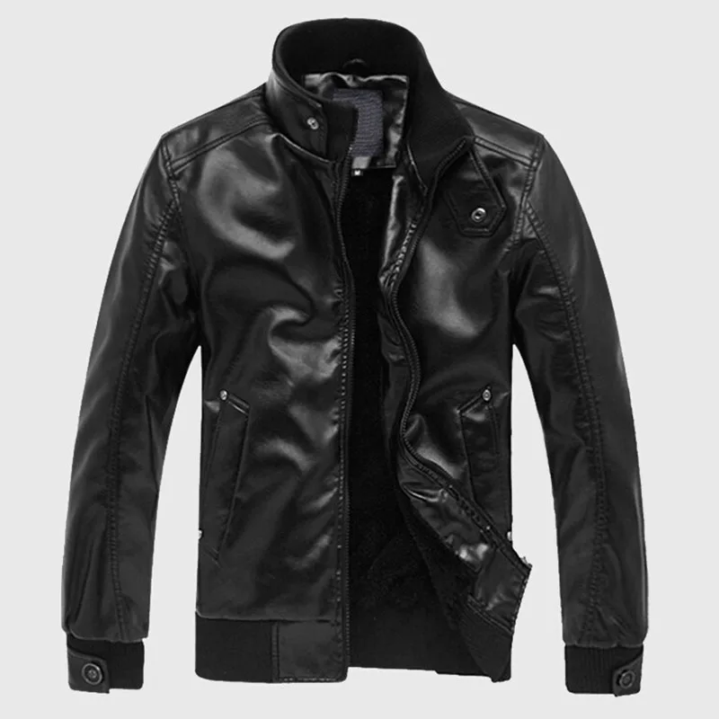 Мужская байкерская куртка из искусственной кожи с двойными стоячими воротниками Мужская мотоциклетная коричневая куртка из искусственной кожи черная куртка из искусственной кожи - Цвет: Black